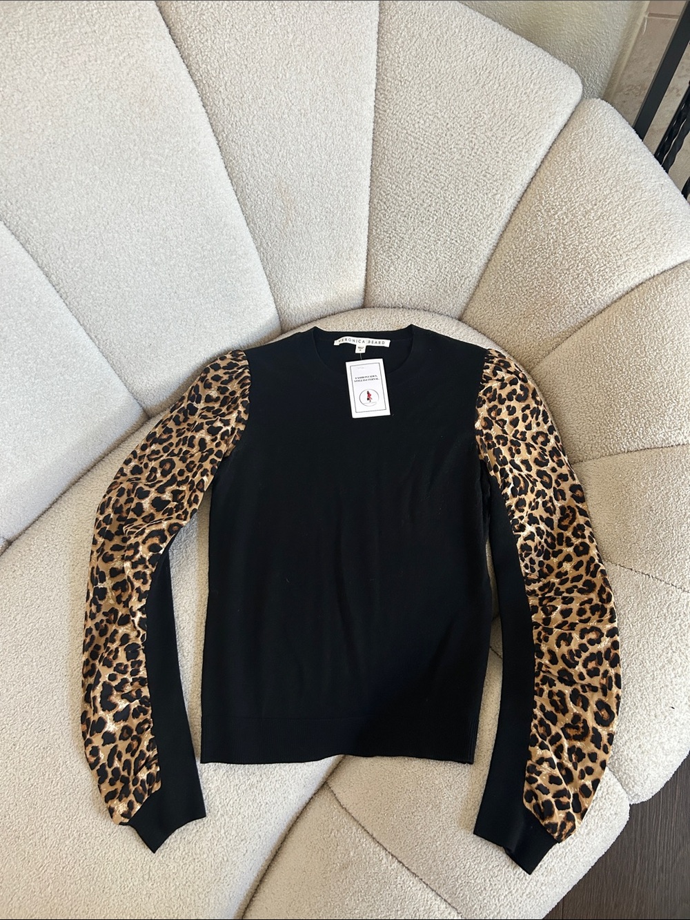 Veronica Beard Black Crewneck Sweater with Leopard Puff Sleeves